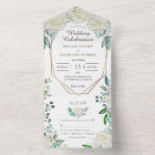 幾何学セージ緑と白のバラ素朴 オールインワン招待状 (内側)