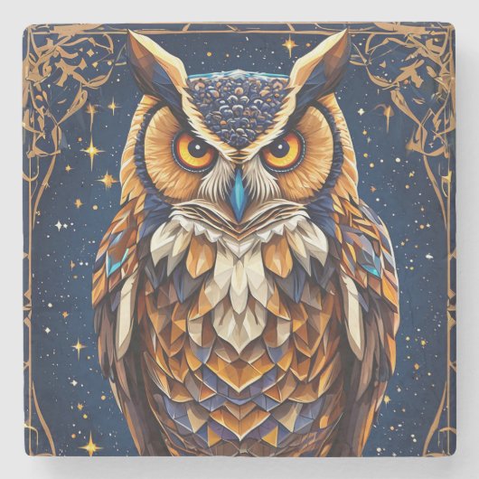 🦉 幾何学フクロウの鮮やかな色合い ゼン ストーンコースター (正面)