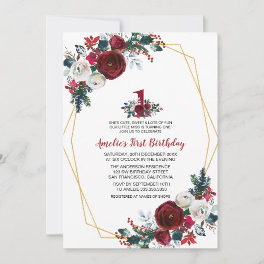 幾何学フレームブルゴーニュフラワーファースト誕生日 招待状 (正面)