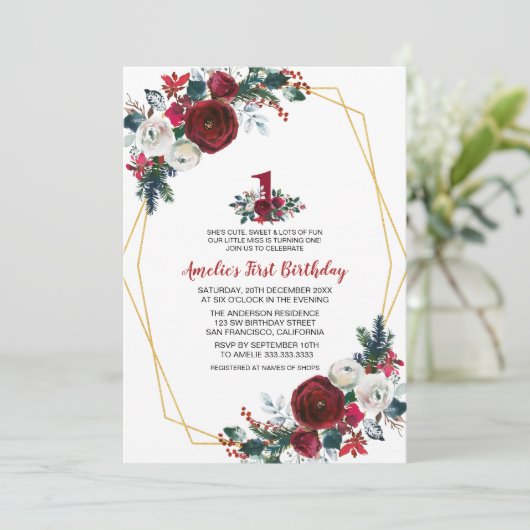 幾何学フレームブルゴーニュフラワーファースト誕生日 招待状 (スタンド正面)