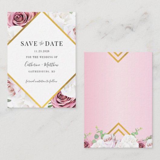 幾何学フレーム ピンクの花 Save The Date ノートカード (正面/裏面)