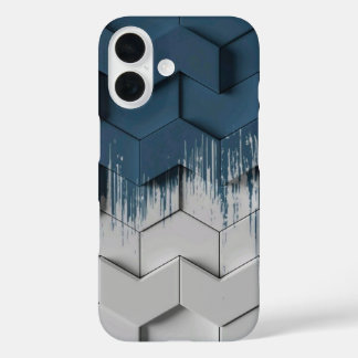 幾何学ブルー&ホワイトのジグザグ六角形スマホケース iPhone 16ケース