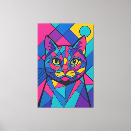 幾何学ポップアートの猫の肖像画 キャンバスプリント (正面)