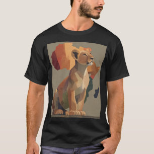幾何学モザイク ライオンのメスとスタイライズされたアフリカ地図 Tシャツ