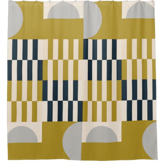 幾何学モダン的、レトロな北欧パターン シャワーカーテン (正面)