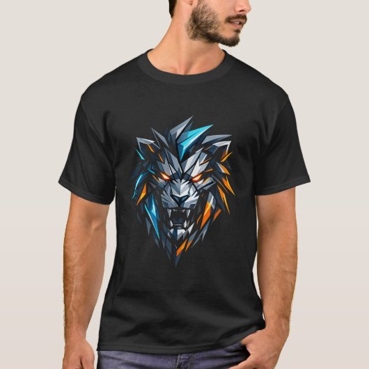 幾何学ライオンの頭部 - サイバーパンク ゲーミング Tシャツ (正面)