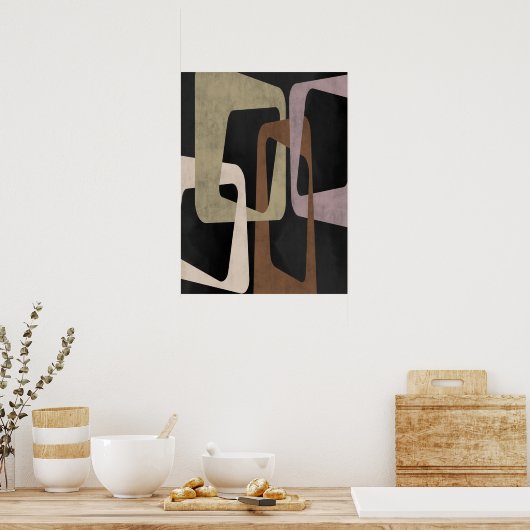 幾何学中世紀モダン抽象芸術ブラックブラウン ポスター (キッチン)