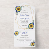 幾何学型ひまわり青モダンバラ結婚ズ オールインワン招待状 (内側)