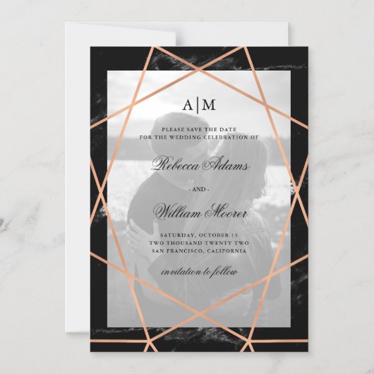 幾何学大理石と黒 | 写真の日付の保存 マグネット招待状 (正面)