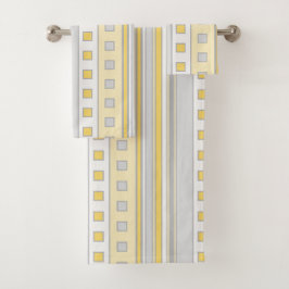 幾何学平方形とストライプ、黄、灰色、クリーム バスタオルセット