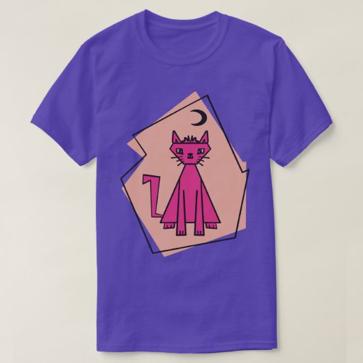 幾何学形状深いピンクカットネコと黒い半分 Tシャツ (デザイン正面)