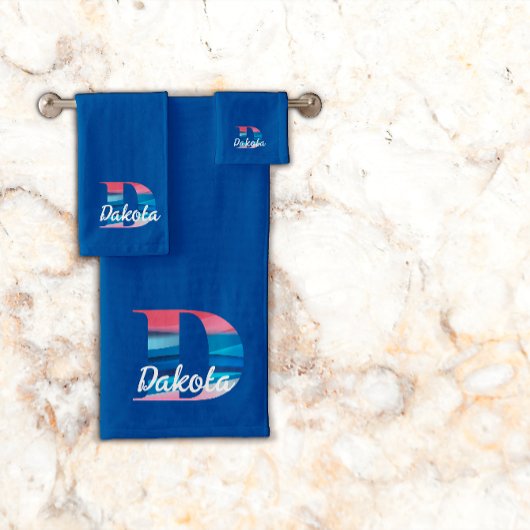 幾何学文字Dコーラルピンクモノグラム濃い青 バスタオルセット