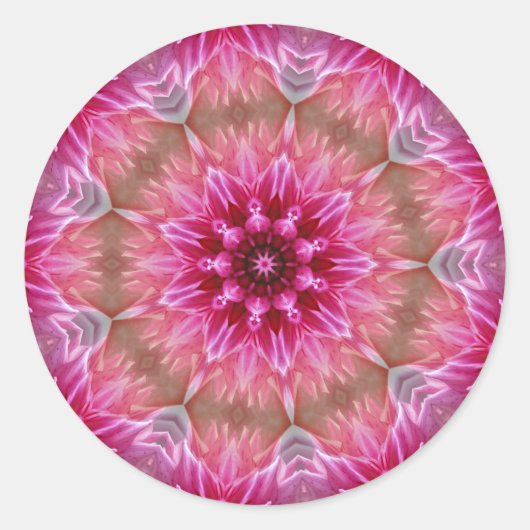 幾何学曼荼羅ピンク色の花パターン–67545 ラウンドシール (正面)