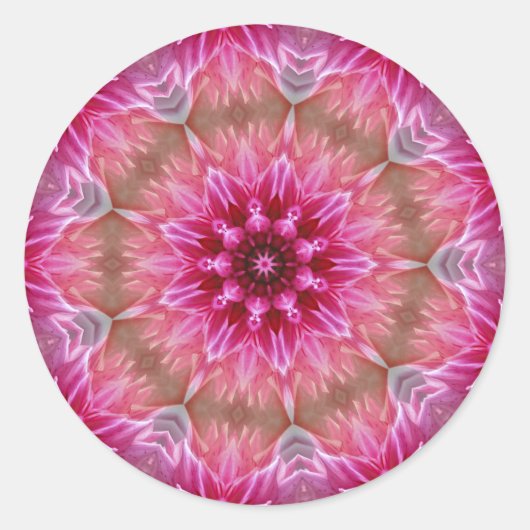 幾何学曼荼羅ピンク色の花パターン–67545 ラウンドシール (正面)