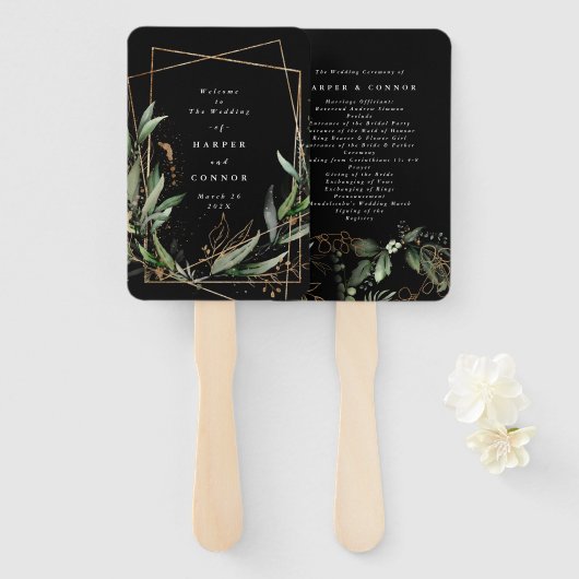 幾何学植物性ユーカリ黒プレミアム ハンドファン (正面&裏面)