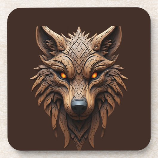 幾何学模様が描かれた木製ウルフアート彫刻 コースター (正面)