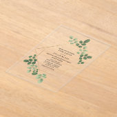 幾何学模様と植物のグリーン ウェディング アクリル招待状 (レイダウン)