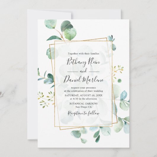 幾何学模様のあるユーカリ結婚の緑 招待状 (正面)