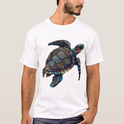 幾何学模様のカメ 色とりどりの抽象的な虹 Tシャツ (正面)
