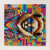 幾何学模様のカラフルの上にライオン ジグソーパズル (横)