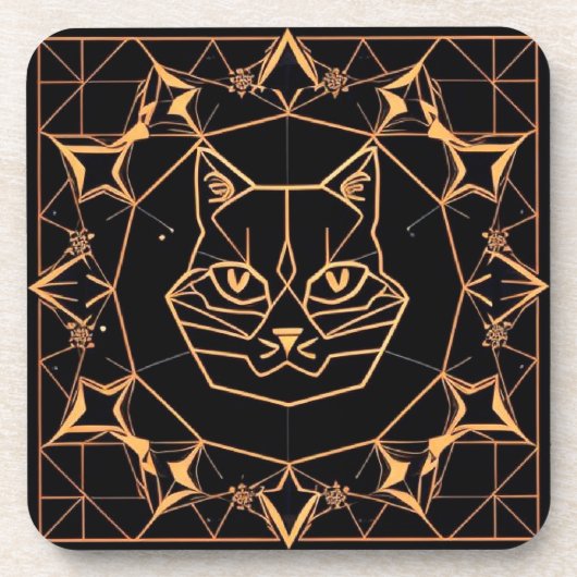 幾何学模様のゴールドライン入り猫デザイン コースター (正面)