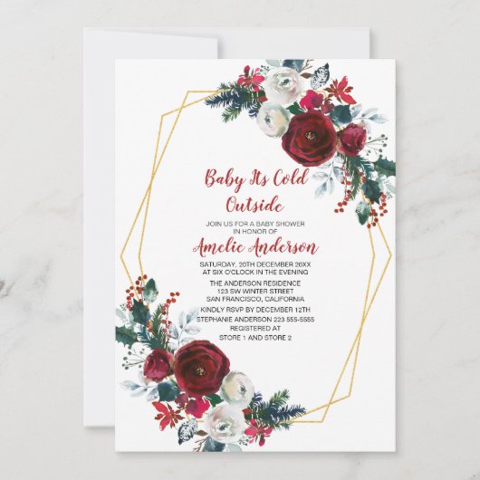 幾何学模様のバーガンディ花赤ちゃんシャワー 招待状 (正面)