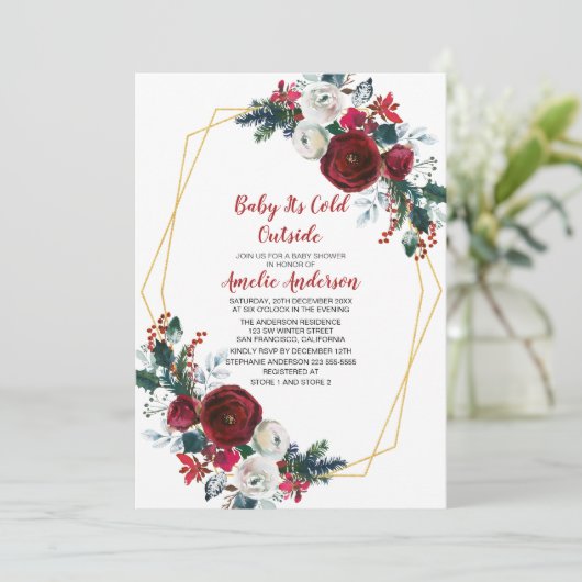 幾何学模様のバーガンディ花赤ちゃんシャワー 招待状 (スタンド正面)