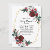 幾何学模様のバーガンディ花赤ちゃんシャワー 招待状 (正面)