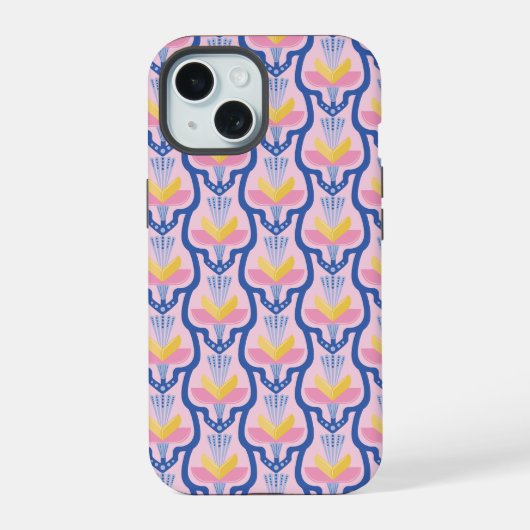幾何学模様のピンクとブルーの花柄 iPhone 15ケース (裏面)