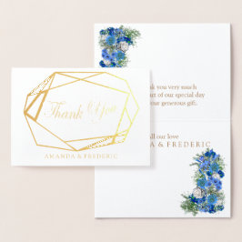 幾何学模様のフォイル青い花ありがとう結婚カード 箔カード