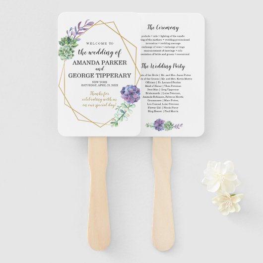 幾何学模様のフレームウェディングプログラムファンの多肉植物 ハンドファン (正面&裏面)