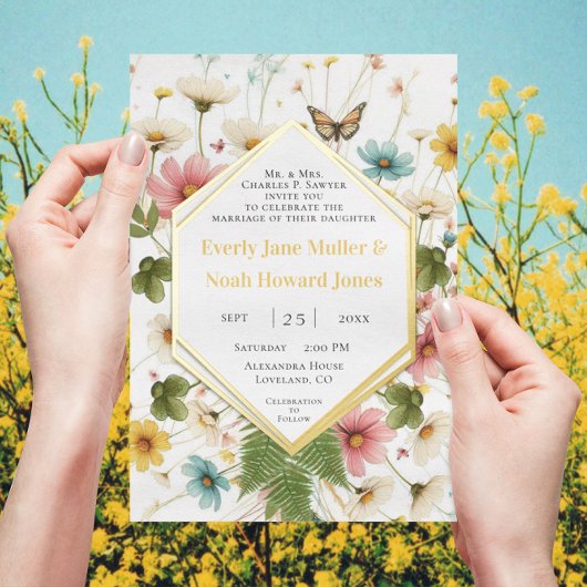 幾何学模様のラッキーな金ゴールド結婚 箔招待状