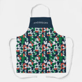 幾何学模様のレトロブルーの赤い緑のモダンクリスマス エプロン (正面)