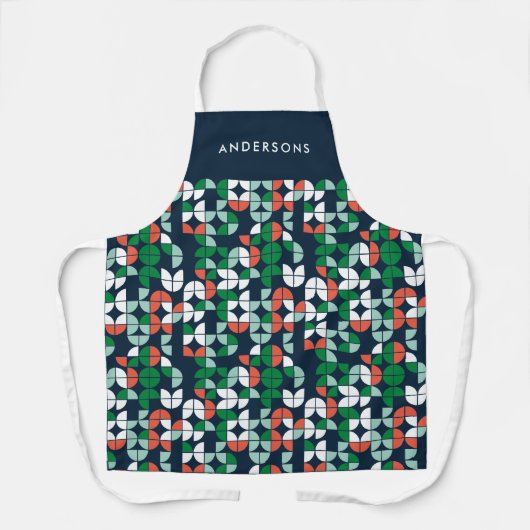 幾何学模様のレトロブルーの赤い緑のモダンクリスマス エプロン (正面)