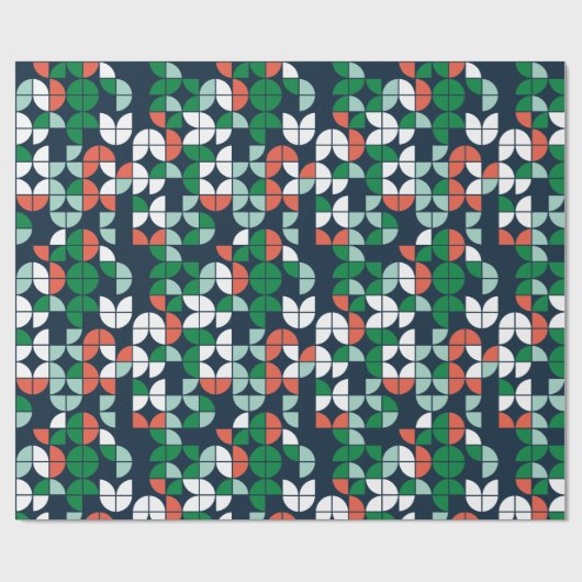 幾何学模様のレトロブルーの赤い緑のモダンクリスマス ラッピングペーパー (フラット)
