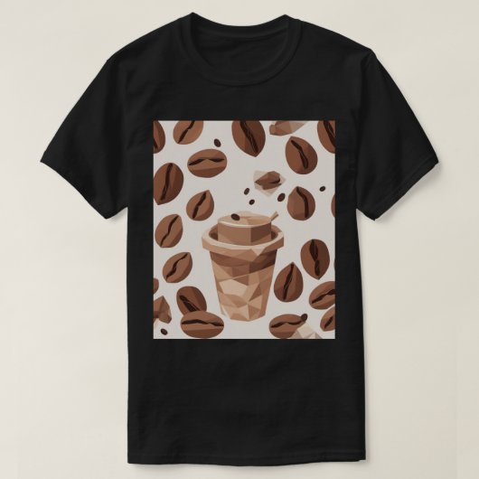 幾何学模様のローポリ コーヒー豆とカップ Tシャツ (デザイン正面)