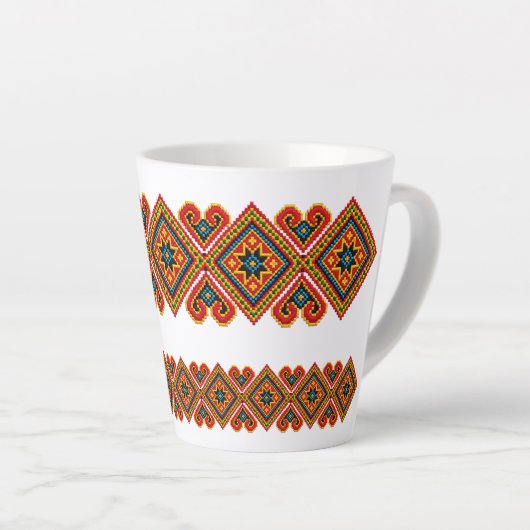 幾何学模様の刺繍風デザイン カフェラテマグ (右アングル)