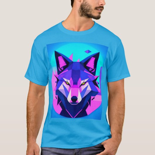 幾何学模様の未来的なネオンの狼の顔 Tシャツ (正面)