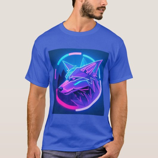幾何学模様の未来的ネオンの狼の顔 Tシャツ (正面)