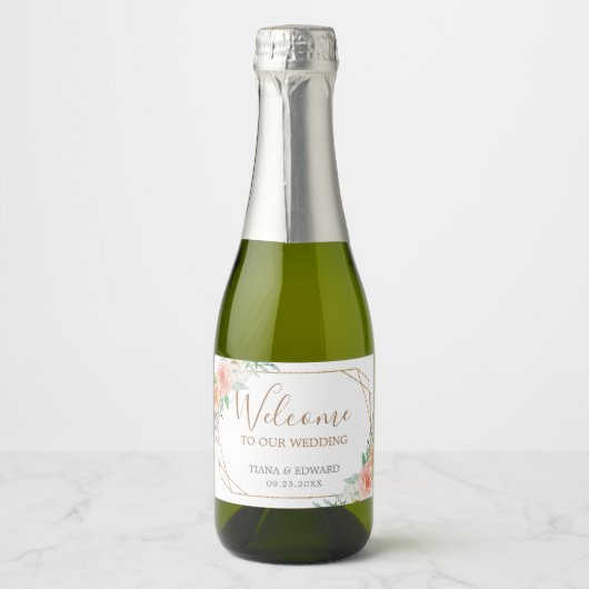 幾何学模様の水の色の花結婚の歓迎 スパークリングワインラベル (正面)