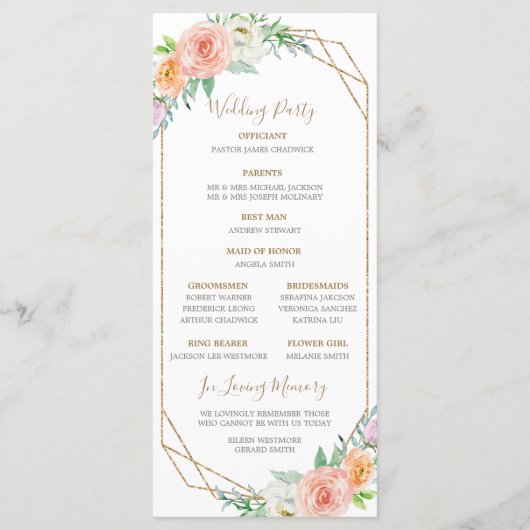 幾何学模様の水の色の花結婚式 プログラム (裏面)