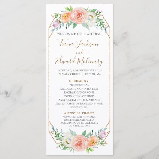 幾何学模様の水の色の花結婚式 プログラム (正面)