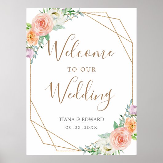 幾何学模様の水結婚色の花の歓迎サイン ポスター (正面)