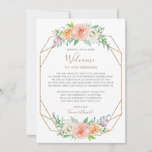 幾何学模様の水色の花結婚のウェルカムノート 招待状 (正面)