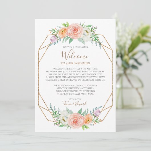 幾何学模様の水色の花結婚のウェルカムノート 招待状 (スタンド正面)