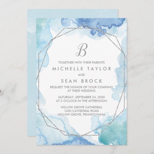 幾何学模様の水色モノグラム結婚銀 招待状 (正面/裏面)