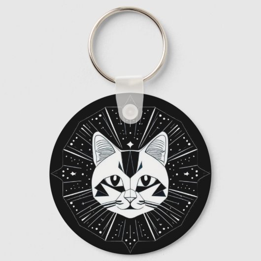 幾何学模様の猫のデザインが金色の星に囲まれて キーホルダー (正面)