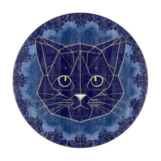 幾何学模様の猫デザインが金色の星に囲まれて カッティングボード (正面)