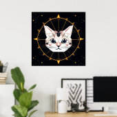 幾何学模様の猫デザインで囲まれた金ゴールド星 ポスター (ホームオフィス)