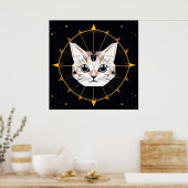 幾何学模様の猫デザインで囲まれた金ゴールド星 ポスター (キッチン)